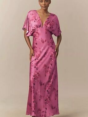 BHLDN Amelia or Leila Deep-V Flutter-Sleeve satin floral maxi dress - LNWOT